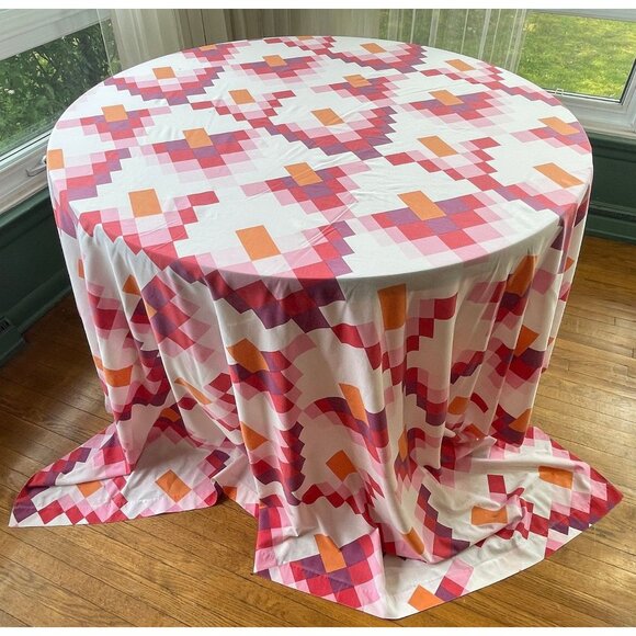 Vintage 70s flat sheet, pink geometric print bed sheet, full size bed - Picture 2 of 8
